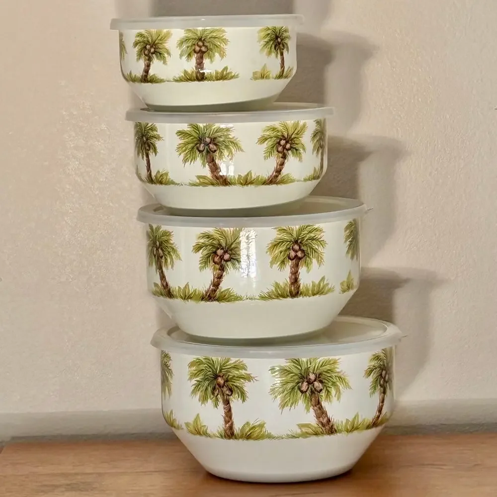 Tabletops Unlimited Palm Grove Enamel Nesting Mixing Bowls Set 4 w Lids